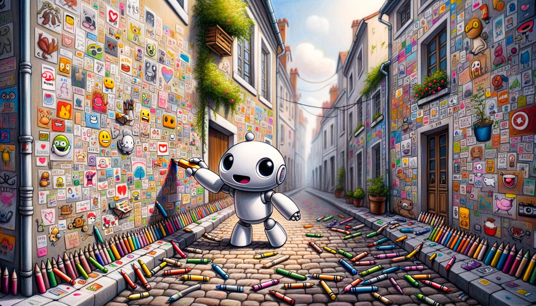 Une illustration de Dall-E 3 représentant un robot en train de taguer un mur